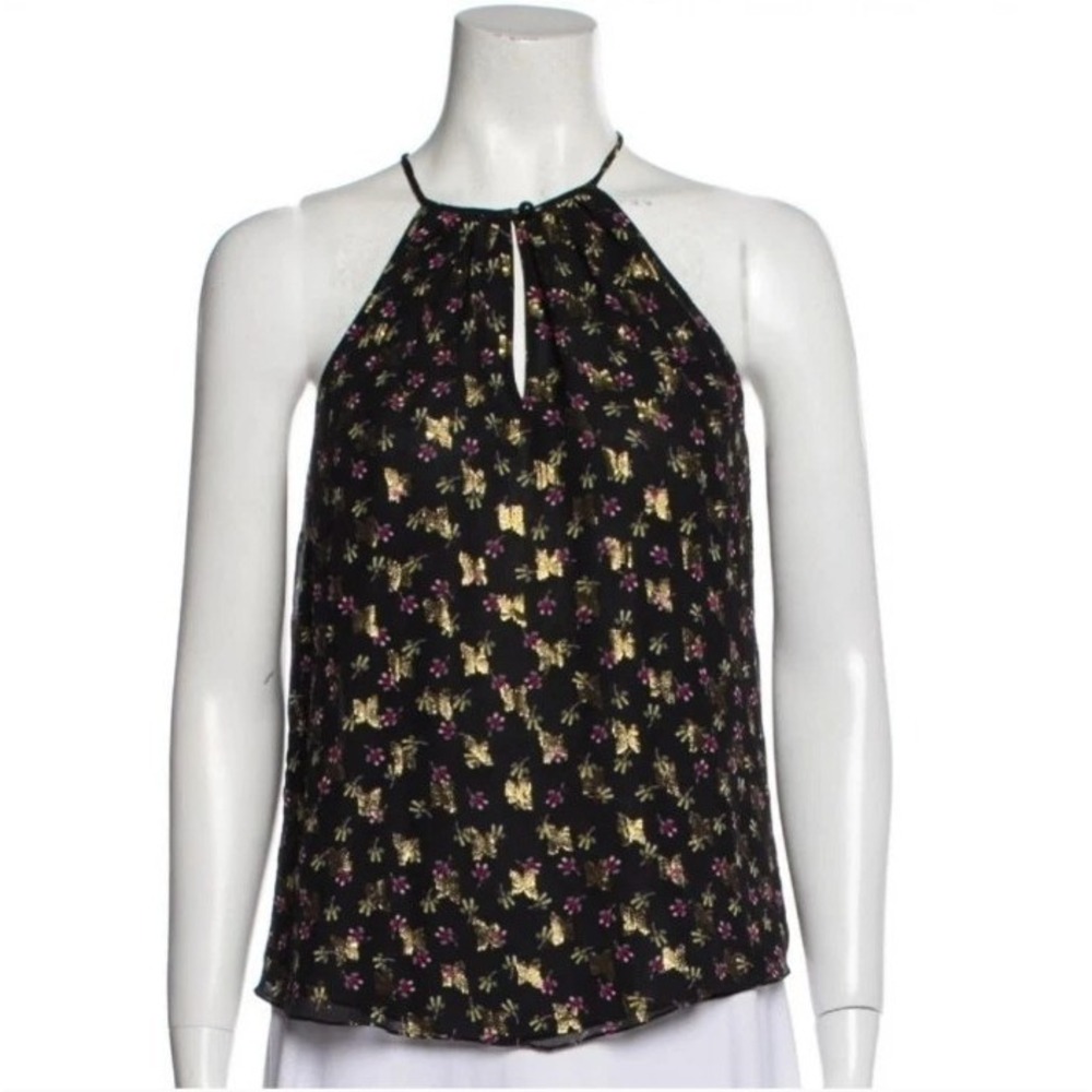 Diane von Furstenberg Jovia Silk Floral Metallic Sleeveless Top Keyhole Halter